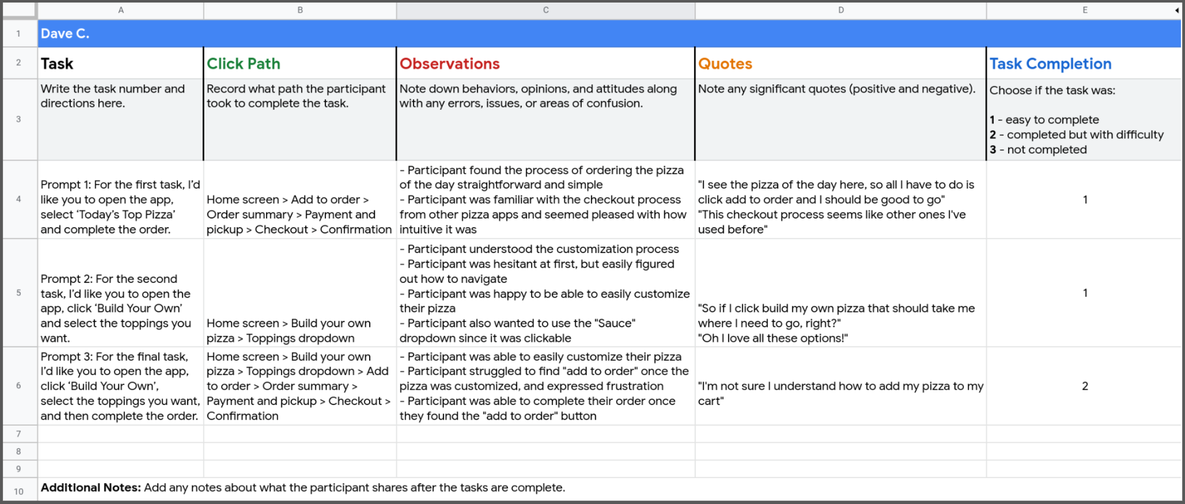 Spreasheet for note-taking